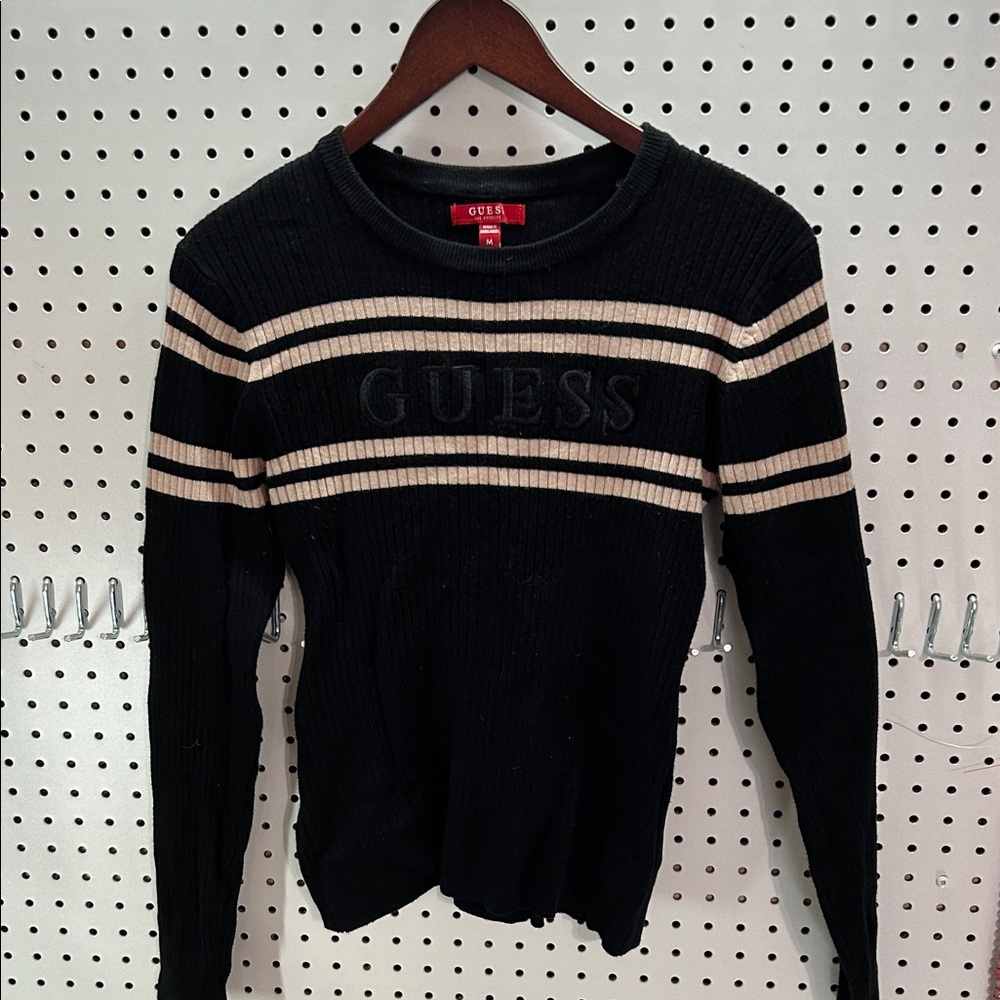 GUESS Black and Cream Striped Ribbed Sweater